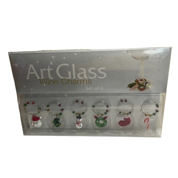 LS Arts Christmas Wine Glass Charms Ornaments Holiday Set Of 6 Hand Crafted - Picture 2 of 6